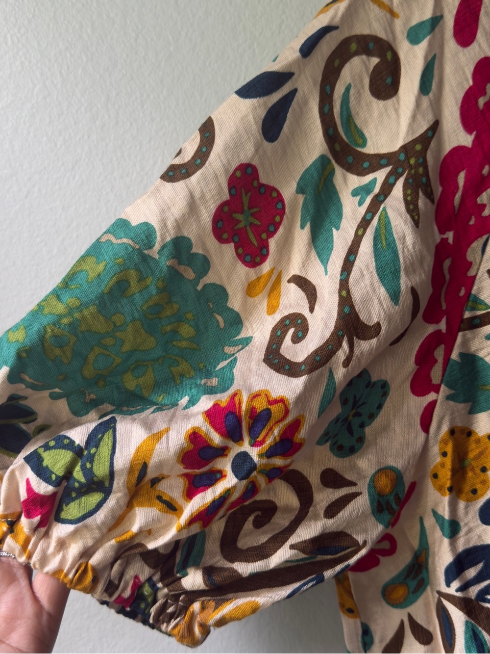 CeCe Floral Scoop-Neck Blouse in Cream, Blue & Green - Picture 4 of 7